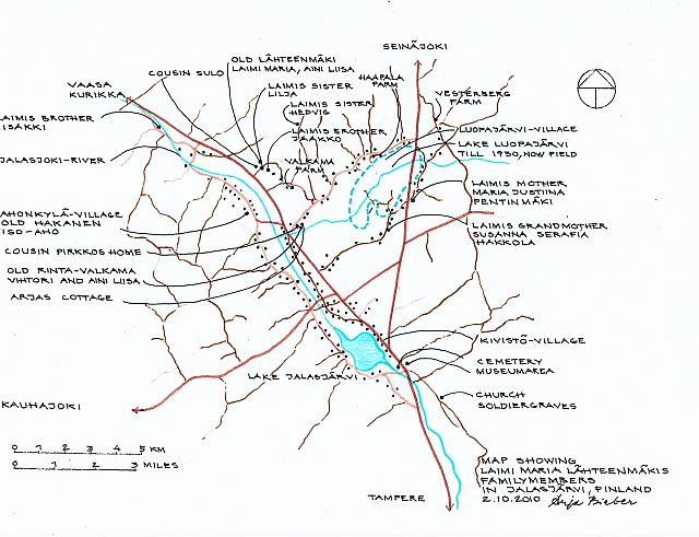 Map of jalasjarvi and relatives homes