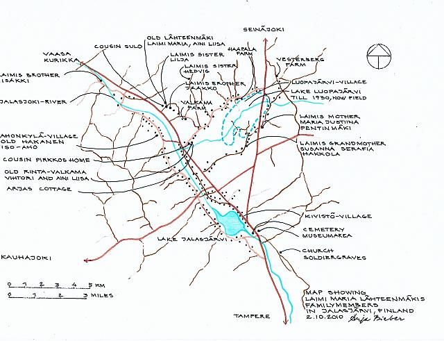 Map of jalasjarvi and relatives homes